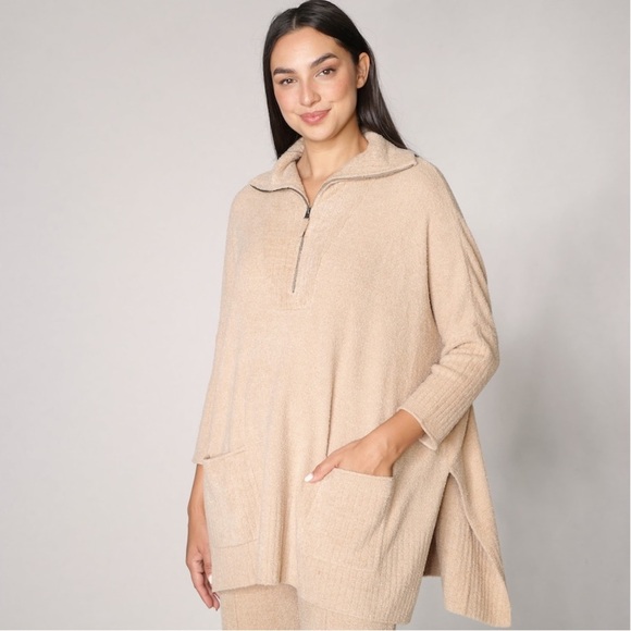 Barefoot Dreams Cozy Chic Lite 1/2 Zip Poncho Beige Size L/XL - Picture 1 of 15